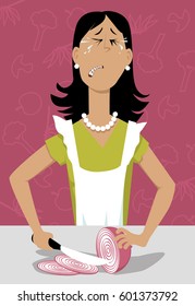 Woman cutting onions and crying, EPS 8 vector illustration