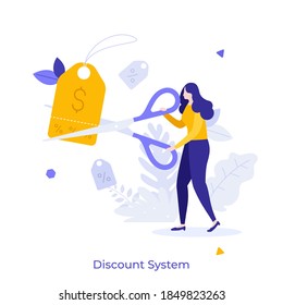 Woman cutting price tag with scissors. Concept of discount system, loyalty program for customers, seasonal sale, shop coupon or voucher. Modern flat colorful vector illustration for poster, banner.