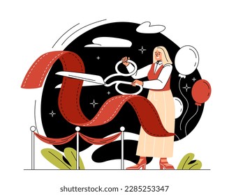 Woman cutting ribbon. Opening new business and festive ceremony. Young girl with scissors near entrance at background of balloons. Entrepreneur or businesswoman. Cartoon flat vector illustration