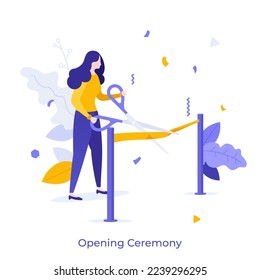 Woman cutting ribbon with sissors. Concept of grand opening ceremony, celebratory event or gathering, new beginning or start, business project launch. Modern flat vector illustration for poster.