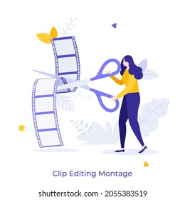 Mujer cortando videocinta con tijeras. Concepto de edición de películas, trabajo del editor, proceso de producción de películas, producción de películas o post-producción de vídeo. Ilustración vectorial moderna de color plano para pancarta, afiche.