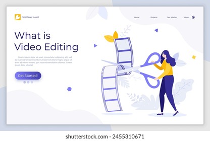 Woman cutting videotape with scissors. Concept of film editing, editor's work, filmmaking process, movie making or video post-production. Modern flat colorful vector illustration for landing page