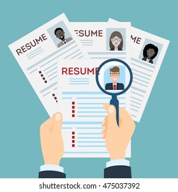 woman CV resume concept with magnifier at the table. Finding a worker. Apply for a job. Business opportunity. Finding new staff.