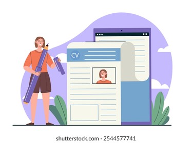 Mulher com cv. Menina com seu currículo. Caçada e recrutamento. Funcionário e candidato à vaga com currículo. Ilustração de vetor plano isolada no plano de fundo branco