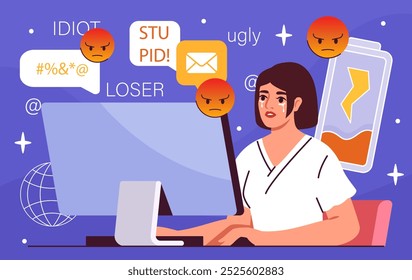 Woman with cyber bullying. Sad young girl behind computer screen. Depression and frustration, loneliness. Negative feelings and emotions. Flat vector illustration isolated on blue background