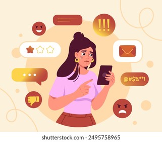 Woman with cyber bullying. Young girl with smartphone reads negative comments and insults on social networks. Trolling and harassment on internet. Flat vector illustration isolated on beige background