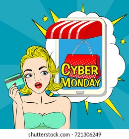 woman with cyber monday on the blue background
