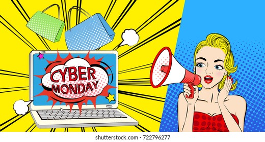 Woman With Cyber Monday On The Blue Background