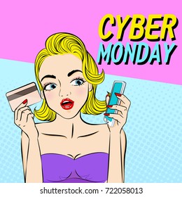 woman with cyber monday on the pink background
