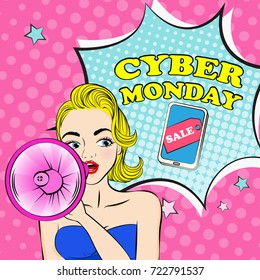 woman with cyber monday on the pink background