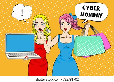 woman with cyber monday on the yellow background