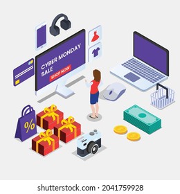 Woman with Cyber Monday online sale 3d isometric vector illustration concept for banner, website, landing page, ads, flyer