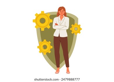 Woman cyber security engineer recommends antivirus for data protection, stands near shield and gears. System administrator reminds you of importance of cyber security and restricting access to data