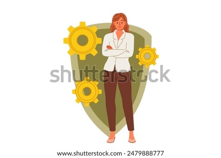 Woman cyber security engineer recommends antivirus for data protection, stands near shield and gears. System administrator reminds you of importance of cyber security and restricting access to data