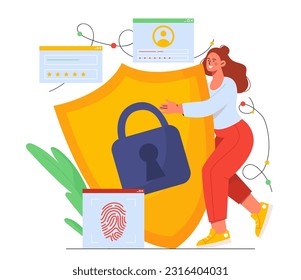 Woman with cyber security sign concept. Protection of personal data and safety information on internet. Antivirus for fight prevention hackers attacks. Cartoon flat vector illustration
