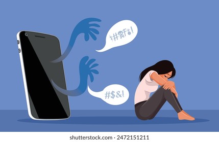 
Woman Cyberbullied on Social Media Vector Cartoon illustration. Girl feeling rejected by everybody online receiving hate comments
