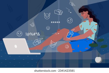 Frau mit Cyberbulling-Konzept. Junge Mädchen mit Laptop. Psychische Gesundheit und Psychologie, Stress. Mobbing und Missbrauch in sozialen Netzwerken und Boten. Cartoon-Flavektor-Vektorgrafik