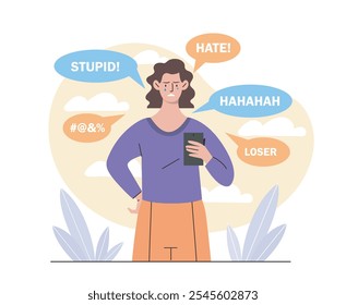 Mulher com cyberbullying. Menina jovem com smartphone ler mensagens negativas na Internet. Vítima infeliz e perturbada de bullying e ódio online. Frustração e depressão. Ilustração de vetor plano