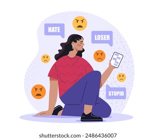 Woman with cyberbullying. Young girl suffers from negative comments on Internet. Anger on social networks and instant messengers. Loneliness and depression. Cartoon vector illustration