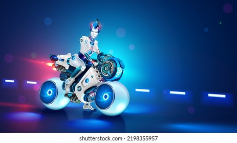 Woman Cyborg Biker On Futuristic Bike. Beautiful Girl Robot On Motorbike. Cool Female Biker On White Sport Motorcycle With Spherical Wheels On Road. Sci-fi Vehicle Or Transport. Cyberpunk Wallpaper.