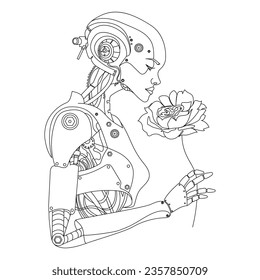 Woman cyborg or robot with AI holding a live flower in her hand and smelling it.Robotic lady with Beautiful face Line art drawing. AI technology concept. Future technology vector outline illustration