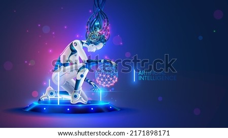 Woman cyborg or robot with AI knelt down on futuristic platform in cyberspace. artificial intelligence in image anthropomorphic cybernetical mechanical wise Female. AI technology concept.