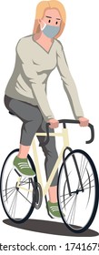 A woman cycling alone while using medical mask