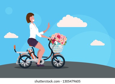 woman cycling bicycle carrying flowers bouquet in basket happy womans day concept girl riding bike female cartoon character full length horizontal flat