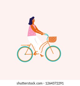 Woman cycling a bicycle cartoon travel illustration in vector