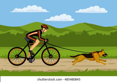 Woman cycling bikejoring with her dog. outdoor workout