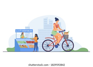 Woman cycling and buying fresh vegetables. Lifestyle, bike, market flat vector illustration. Healthy food and activity concept for banner, website design or landing web page