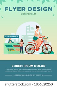 Woman cycling and buying fresh vegetables. Lifestyle, bike, market flat vector illustration. Healthy food and activity concept for banner, website design or landing web page