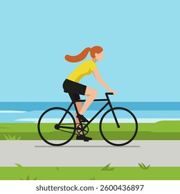 Woman Cycling by the Beach - Vector Illustration