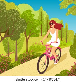 Woman cycling, fitness sport exercises. Person riding bicycle in forest park, enjoy healthy lifestyle. Girl ride by bicycle in park. Summer landscape with trees and leaves.