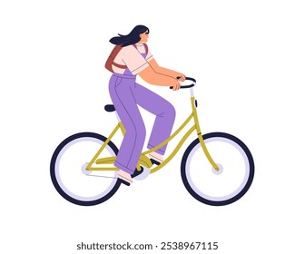 Mulher andando de bicicleta, sorrindo e apreciando o passeio. Feliz ciclista feminino viajando, pedalando no transporte ecológico. Garota ativa em perfil de bicicleta. Ilustração de vetor plano isolada no plano de fundo branco
