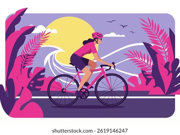 Woman cycling on a scenic coastal road during a vibrant summer holiday. Flat illustration style showcasing an active lifestyle and tropical vacation vibes