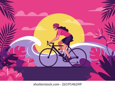 Woman cycling on a scenic coastal road during a vibrant summer holiday. Flat illustration style showcasing an active lifestyle and tropical vacation vibes