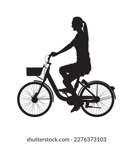 Woman cycling side view full length vector silhouette.