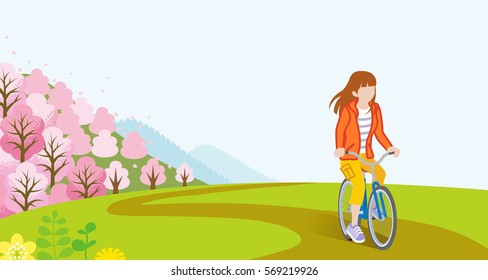 Woman Cycling in Springtime - Long hair