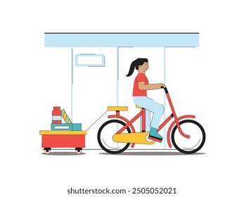 Woman cycling while behind pulling a cart of groceries, going home. Character design. Vector flat illustration