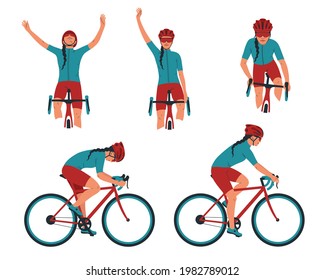 Woman cyclist in action set. Biker on a bicycle race from the side, front. Competition, victory in sports. Collection of vector illustrations isolated on white background.