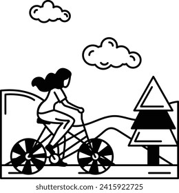 Concepto de ciclista mujer, ciclista de bicicleta en el diseño de icono negro vector de parque público, símbolo de orientación proactiva, factores biográficos o signo de estilo de vida, hobbies e intereses ilustración de stock