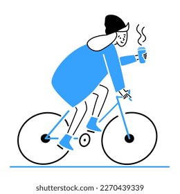 Woman cyclist holding coffee, cycling to work flat vector illustration