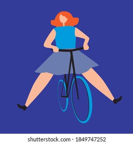 Woman cyclist isolated. Flat vector stock illustration. Funny woman cyclist. Concept of cyclist carefree, eco transport. Illustration with a woman on a bicycle, a cheerful cyclist