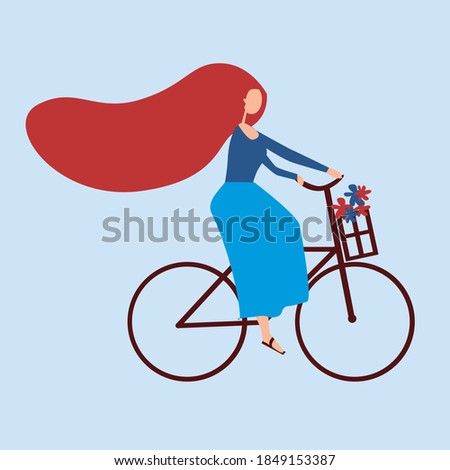 Woman cyclist isolated. Flat vector stock illustration. Woman in a skirt on a bicycle with a basket. Cycling concept, cyclist, eco transport. Illustration with cyclist as logo, emblem