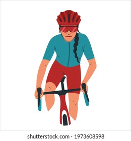 Woman cyclist at the race. Girl in bicycle uniform and helmet on the road, gravel bike. Cycling, marathon, speed competition, cardio training. Vector illustration isolated on white background