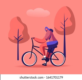 Woman Cyclist Riding Bike Outdoors in Summer Day on Nature Background. Bicycle Active Sport Life and Healthy Lifestyle Activity, Ecology Transport in Town, Bike Rider. Cartoon Flat Vector Illustration