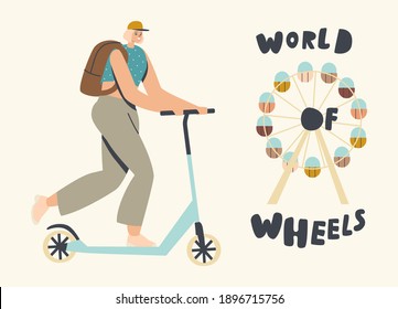 Woman Cyclist Riding Push Scooter Outdoors in Summer Day. Active Sport Life and Healthy Lifestyle Activity, Ecology Wheeled Transport in Town, Female Character Rider. Linear Vector Illustration