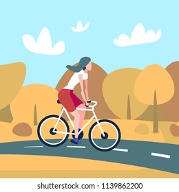 woman cyclotourisme autumn landscape background female sport activity cartoon character full length flat vector illustration