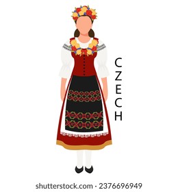 A woman in a Czech folk costume and a flower wreath. Culture and traditions of the Czech Republic. Illustration, vector